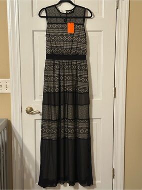 Nichii Black Mesh Overlay and Beige Skirt Maxi Dress Size M